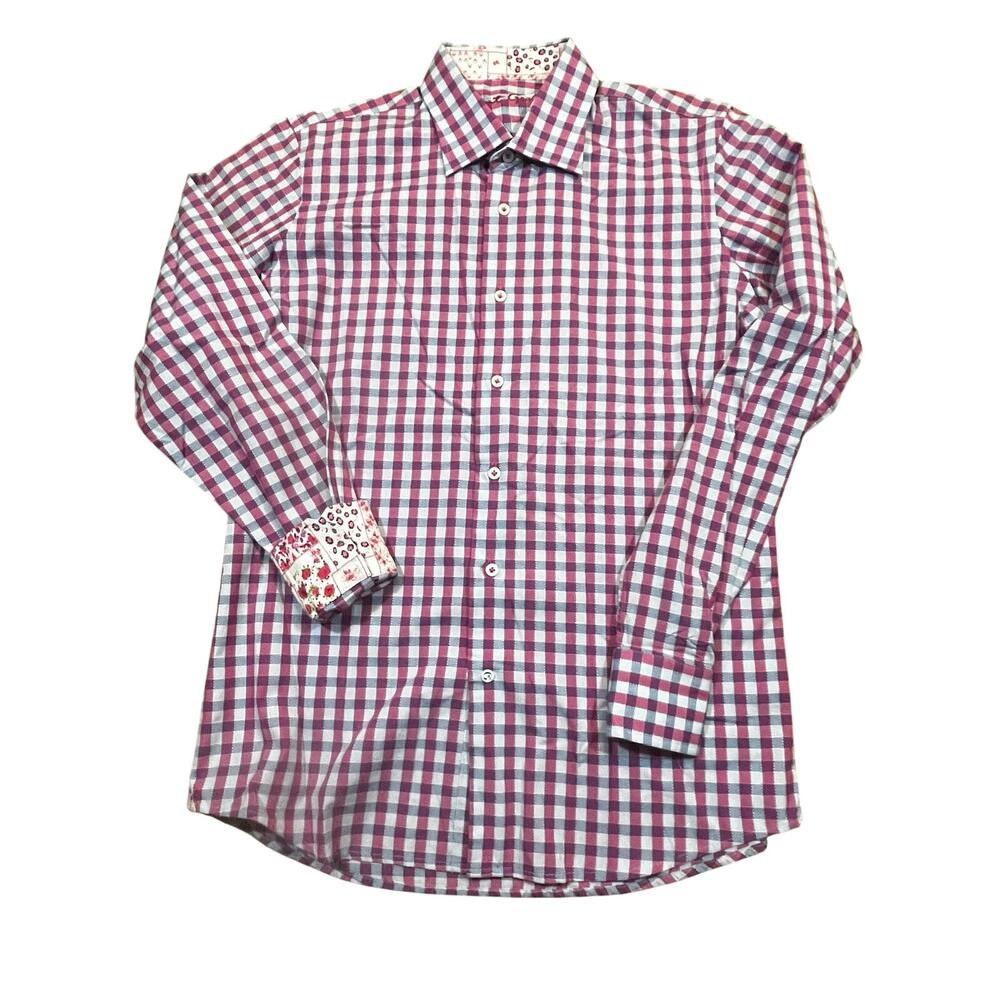 Robert Graham Pink Blue Gingham Check Shirt Floral Contrast Cuff Boy XL 18-20